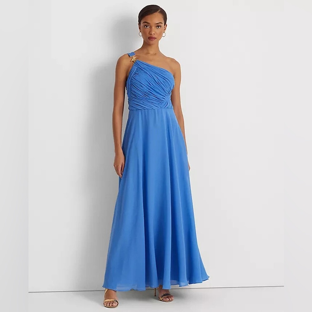 Lauren‎ Ralph Lauren Georgette One Shoulder Gown Blue Ruched Size 16